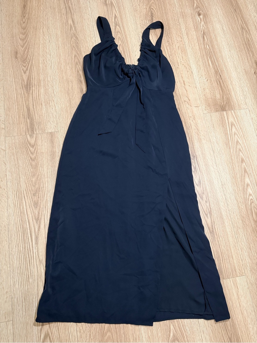 Abercrombie & Fitch Women's Navy Midi Dress Tie Front Ruched Side Slit Size M